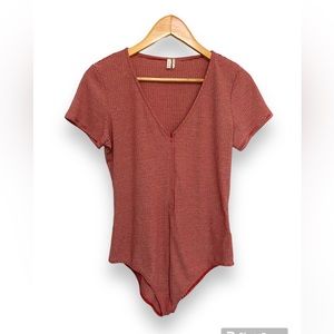 Women Body Stripped Red Cream Body Suit Front Zip Top